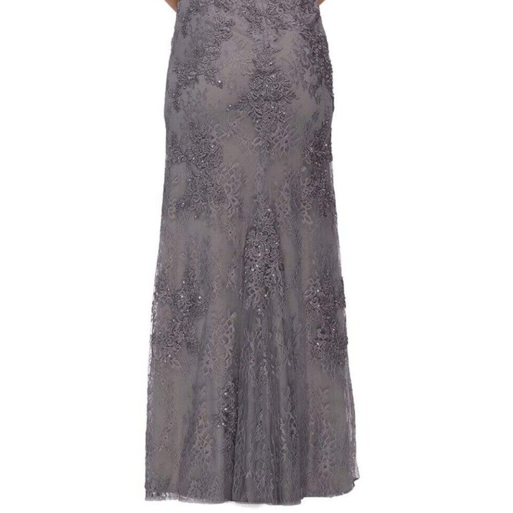 La Femme Dark Platinum Embroidered Beaded Lace Sheath Gown - Picture 4 of 4